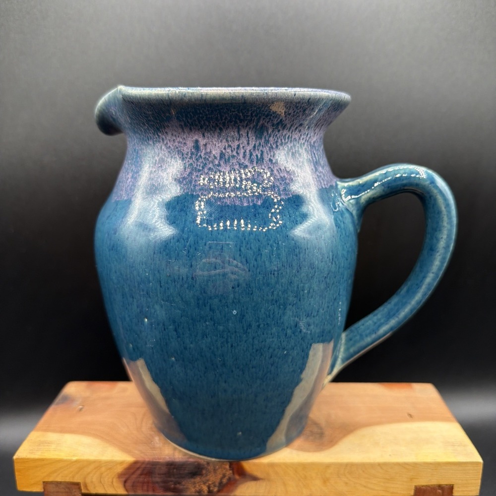 VTG Old Fort NC Pottery John Garrou Blue Pitcher Lavender Drip Glaze Hand Made - Picture 2 of 7